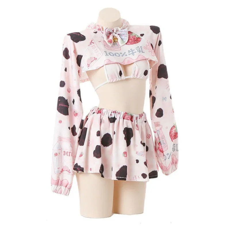 Anime Maid Outfit Cosplay Uniform Pink Lolita Dresses Cow Girl Strawberry Long Sleeve Hollow Out Bikini Skirt Tops Set Costumes