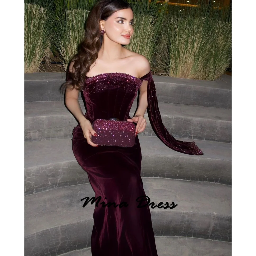 Mina Customized Velvet Luxurious Women's Evening Dresses for Special Occasions Backless Ribbon Beads Strapless Sequins Party