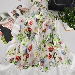[BYSIFA] Brand White Green Silk Scarf Shawl Female Accessories Spring Autumn Floral Pattern 100% Silk Women Long Scarves Wraps