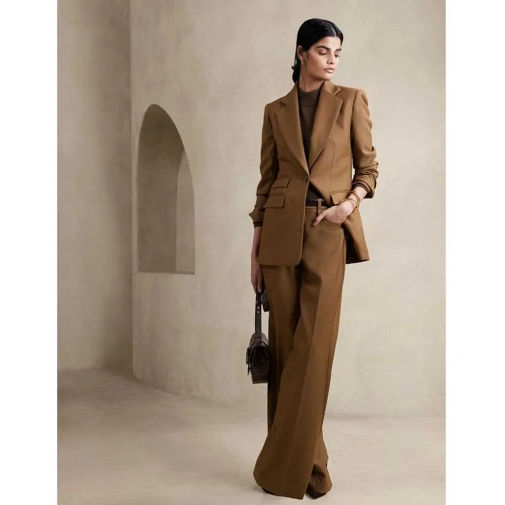 

New Arrival Luxury Brown Women's Suits Single Breasted 2 Piece Jacket Pants Female Clothing Slim Fit Office Lady Blazers Sets