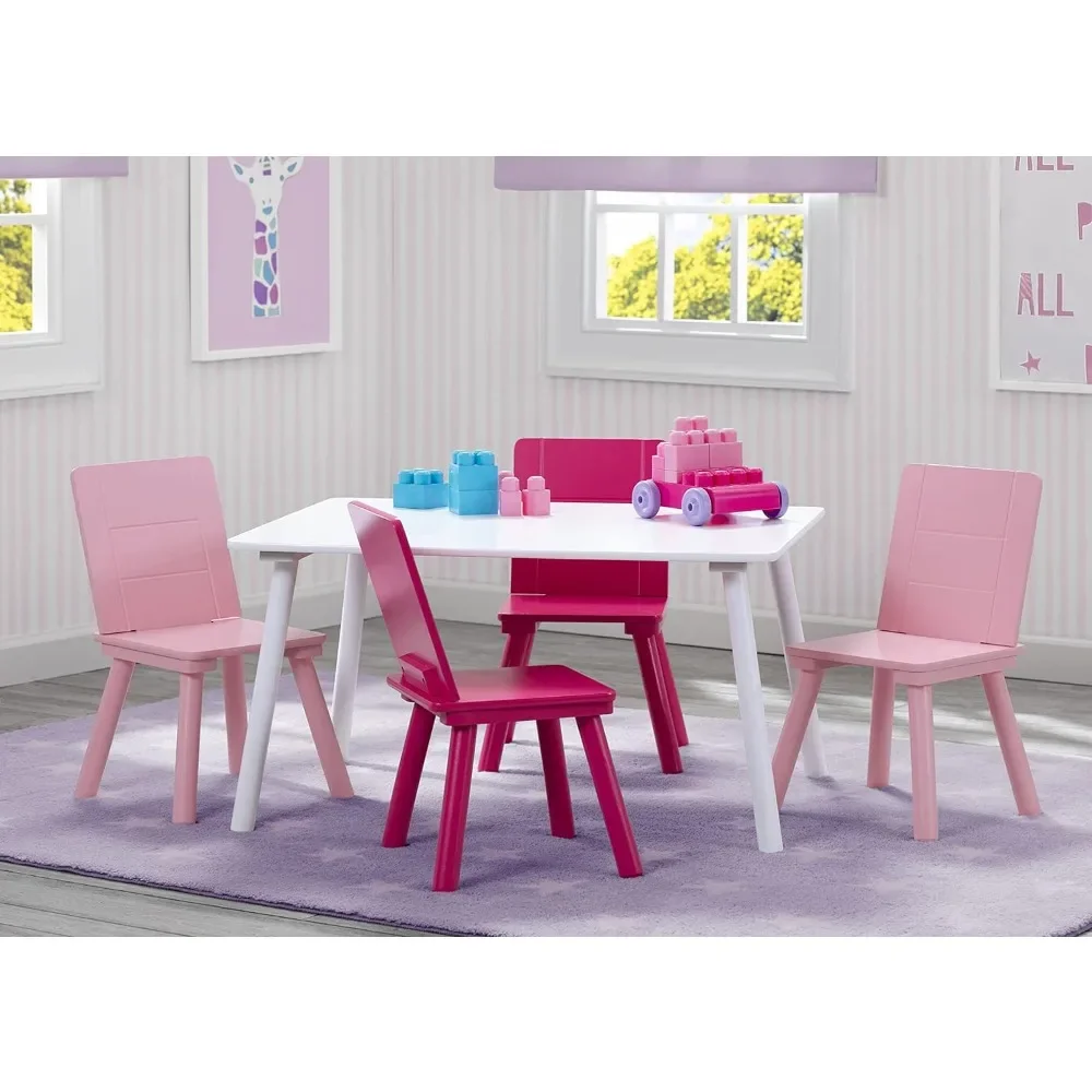 Houten Tafel-En Stoelenset Voor Kinderen (Inclusief 4 Stoelen)-Ideaal Voor Knutselen, Snacktijd, Thuisonderwijs, Wit/Roze