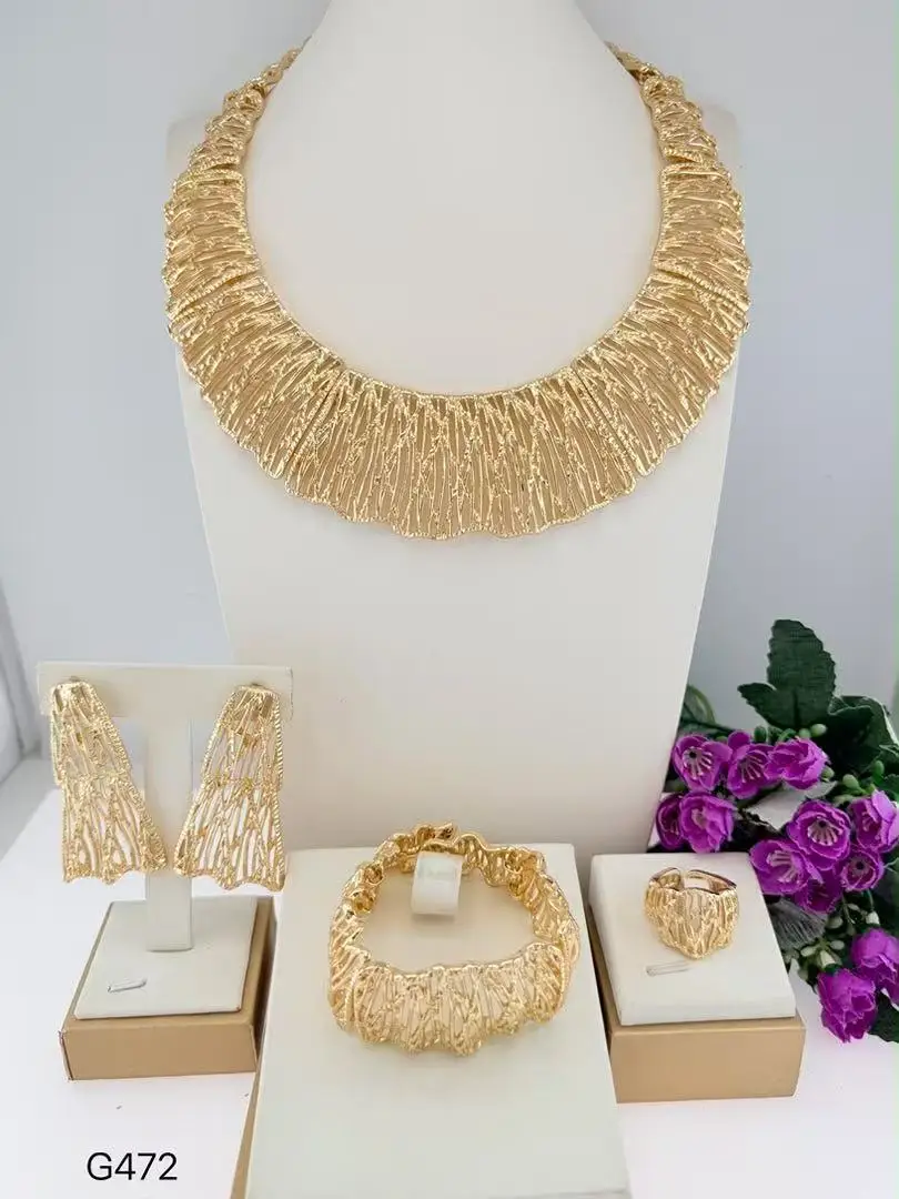 Luxury Hammered Textured Gold Collar 4Pcs Jewelry Set Dubai African Women Necklace Earring Bangle Ring Wedding Bridal Party Gift