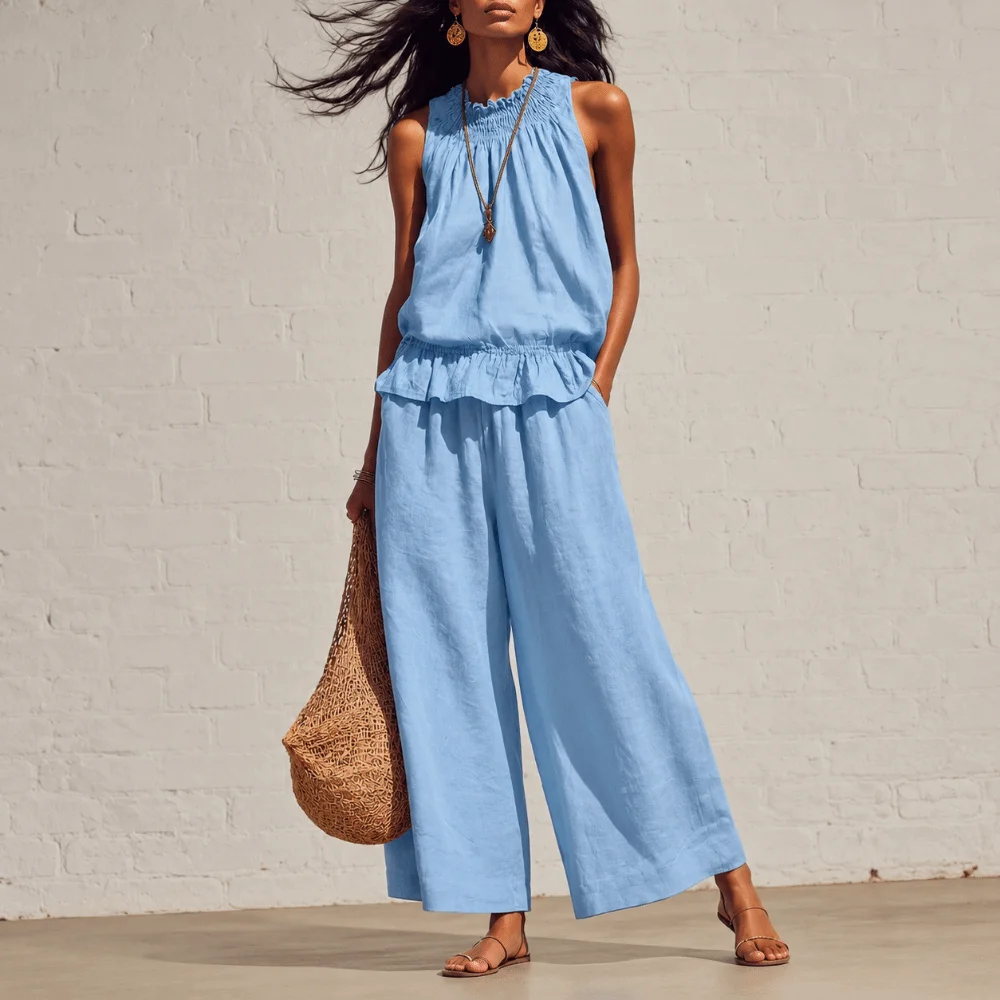 Faux Linen Ruffle Outfit Smocked Neckline Ruffle Hem Ladies' Suit Elastic Waist Solid Color Summer Resort Wear Casual Outings
