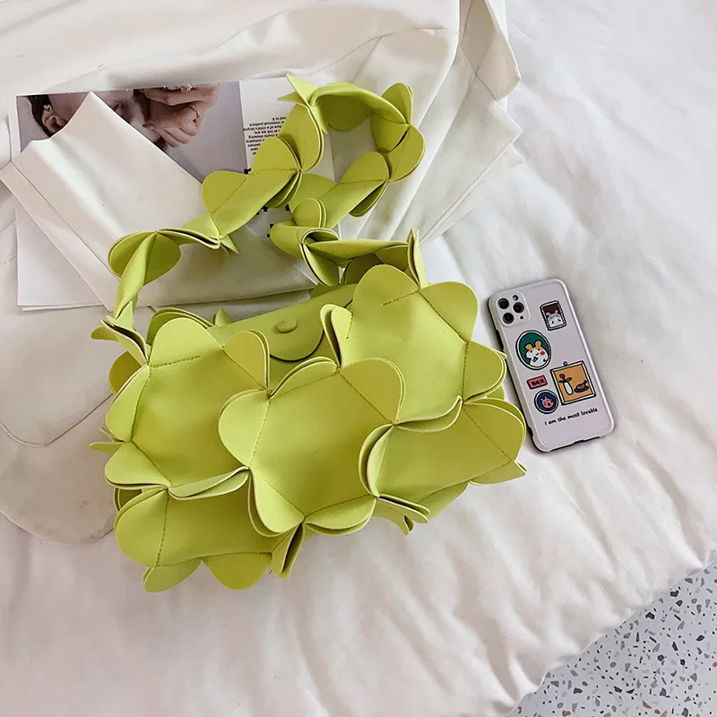 Fashion Korean Petal Underarm Bag 3D Flower PU Leather Armpit Purse Shoulder Bags Women Solid Color Fabric Hobos Crossbody Bag