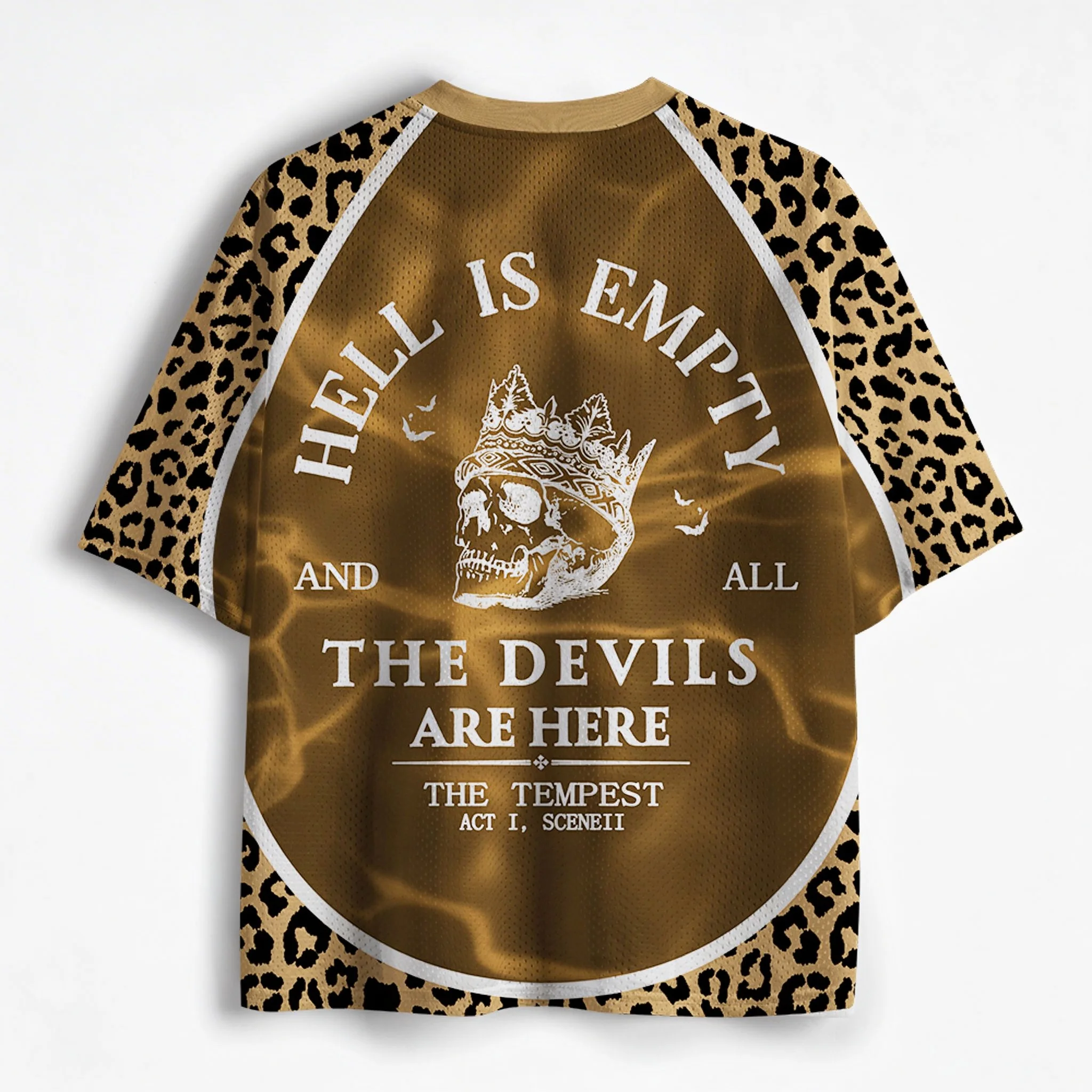 Hell Is Empty And All The Devils Are Here Leopard Skull Bat Print V Neck Mesh Jersey, The Tempest Slogan Short Sleeve Tops