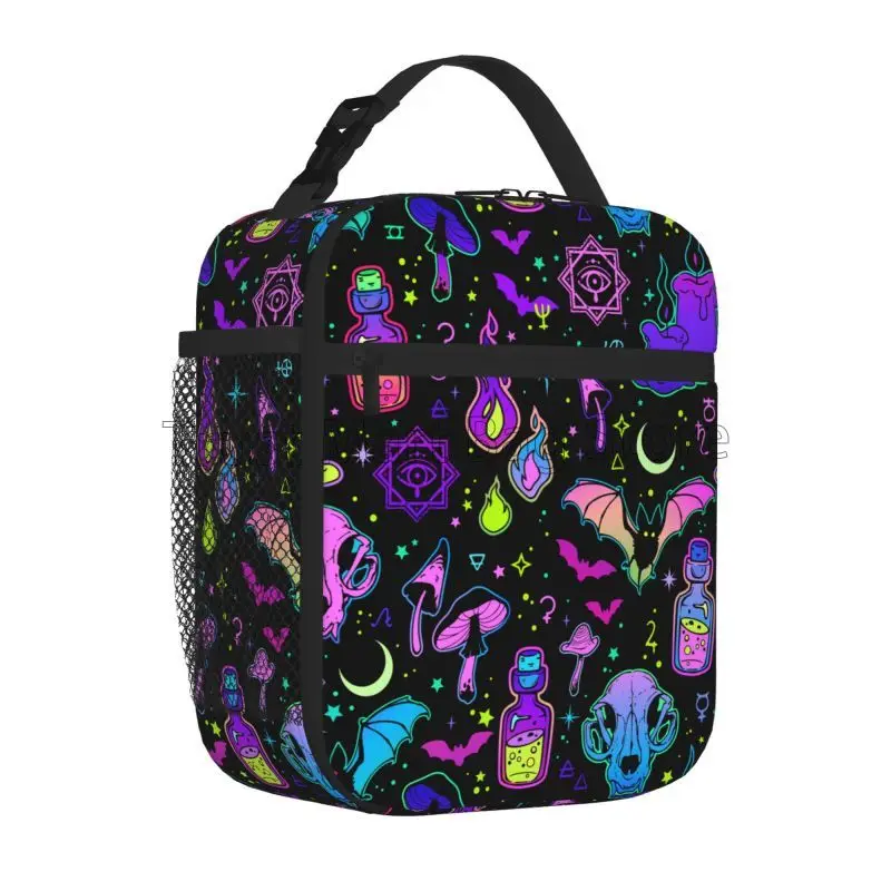 Halloween Magic Skull Bat Mushroom Bright Insulated Lunch Bag Portable Reusable Thermal Oxford Tote Bag for Work School Travel