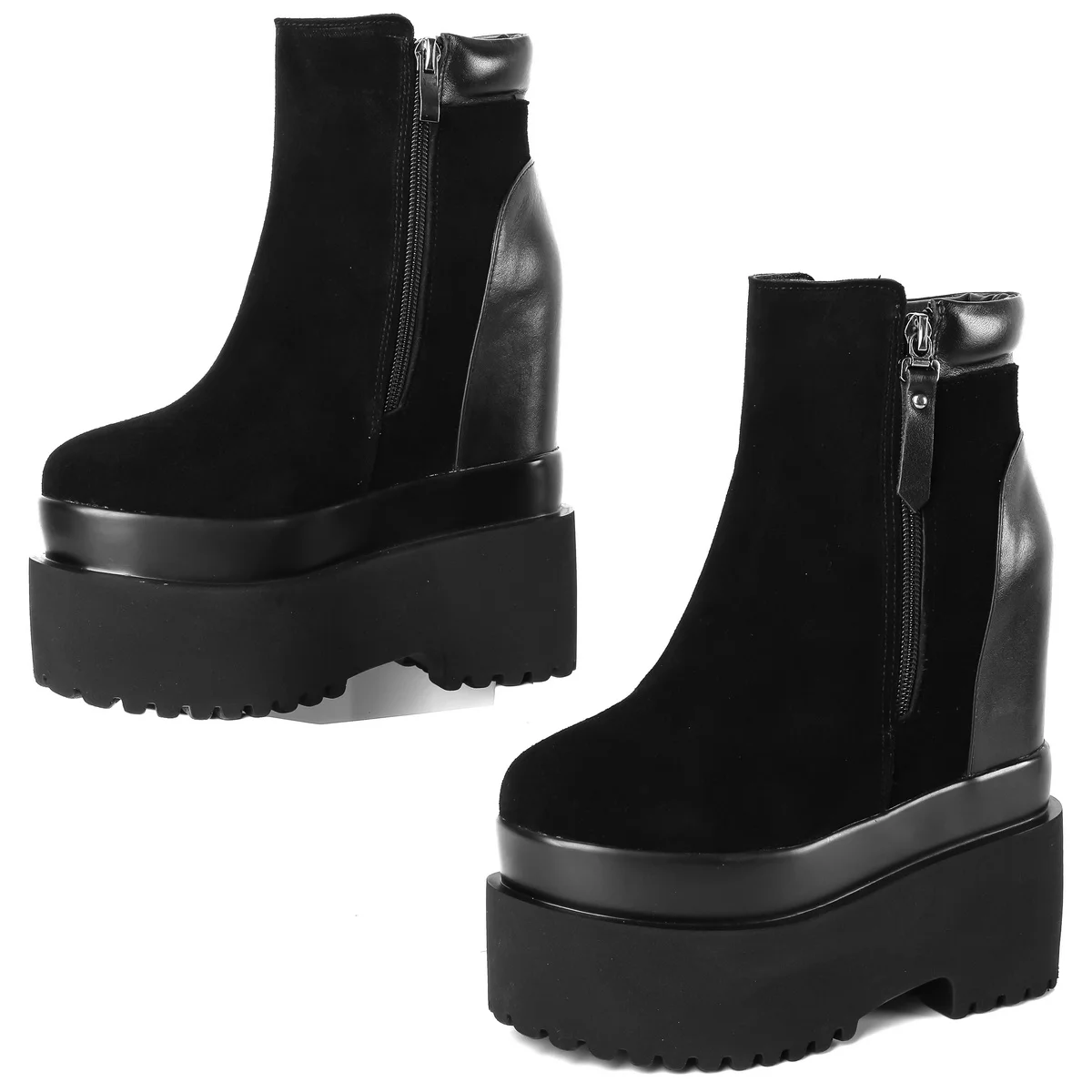 

12cm High Heel Snow Boots Plus Size Shoes Women Black Cow Leather Wedges Platform Pumps Female Round Toe Sneakers Big Size Shoes