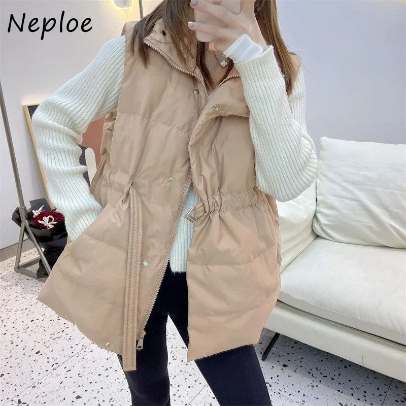 Neploe Feminina Winter Coat Women Stand Neck Solid Color Sleeveless Vest Parkas Pockets Drawstring Slim Waist Puffer Jacket