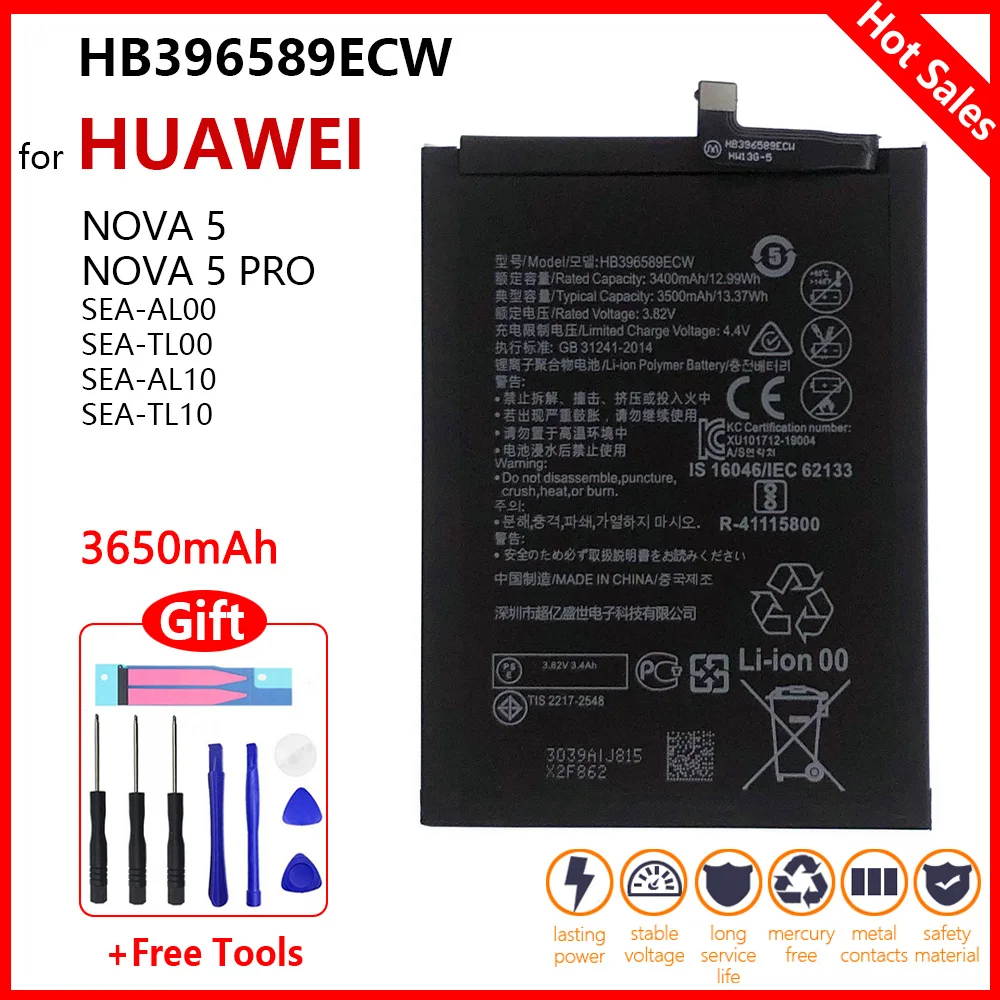 

100% Orginal New HB396589ECW 3650mAh Replacement Battery For Huawei Nova 5 Nova 5 pro nova5pro SEA-AL00 SEA-AL10 Batteries