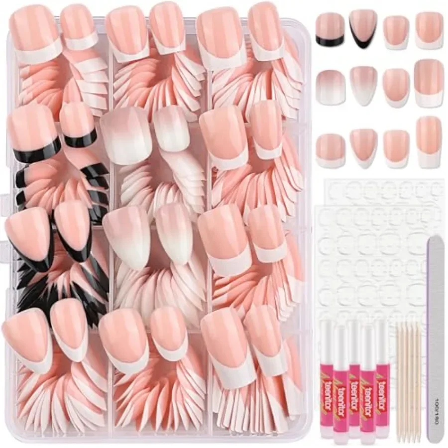 

Almond French Tip Black Press On Nails for Short to Medium Coffin Shapes Elegant GlueOn Nails Kit Perfect for Daily Wear Specia