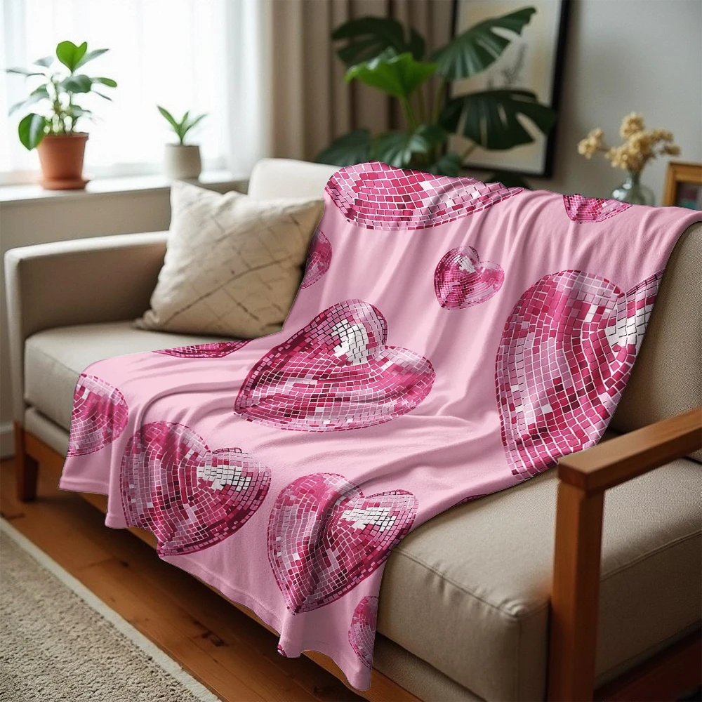 Pink Heart Disco Ball Soft Flannel Blanket Breathable Warm Throw for Office Car Sofa Kids Room Birthday Xmas Gift