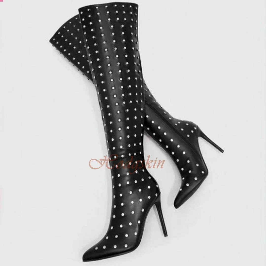 Rhinestone Thigh High Boots Pointy Toe Leather Stiletto Heels Side Zipper Stud Long Boots Women Sexy Shoes Winter Party Designer