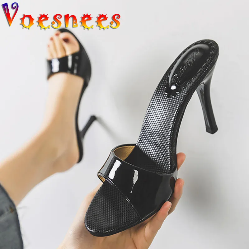 New Brand Shoes Women Summer Slippers High Quality One Word Band Sandal Pure Colour Stiletto Patent Leather High-Heeled Shoes