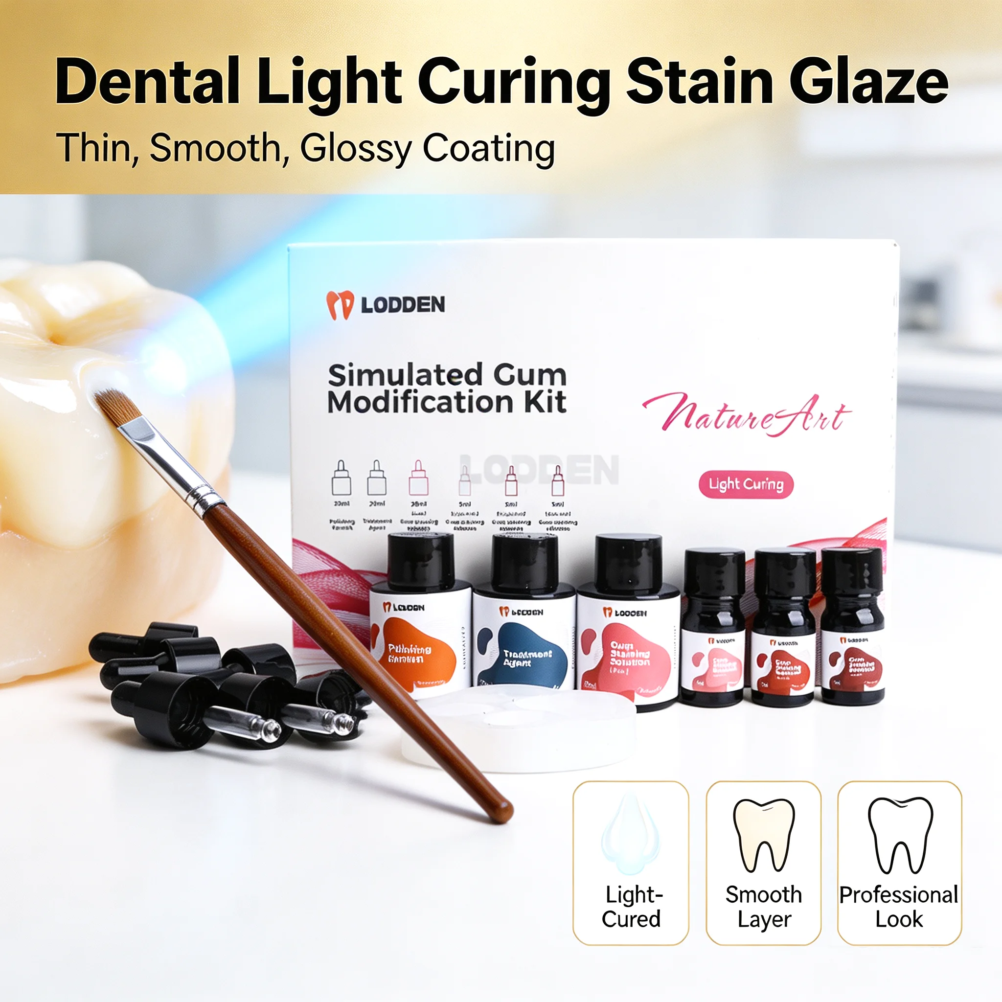 Lodden Dental Light Curing Stain Glaze Simulated Gum Modification Kit for Polymerised Ceramics/Print Resin/Acrylic PMMA Glaze