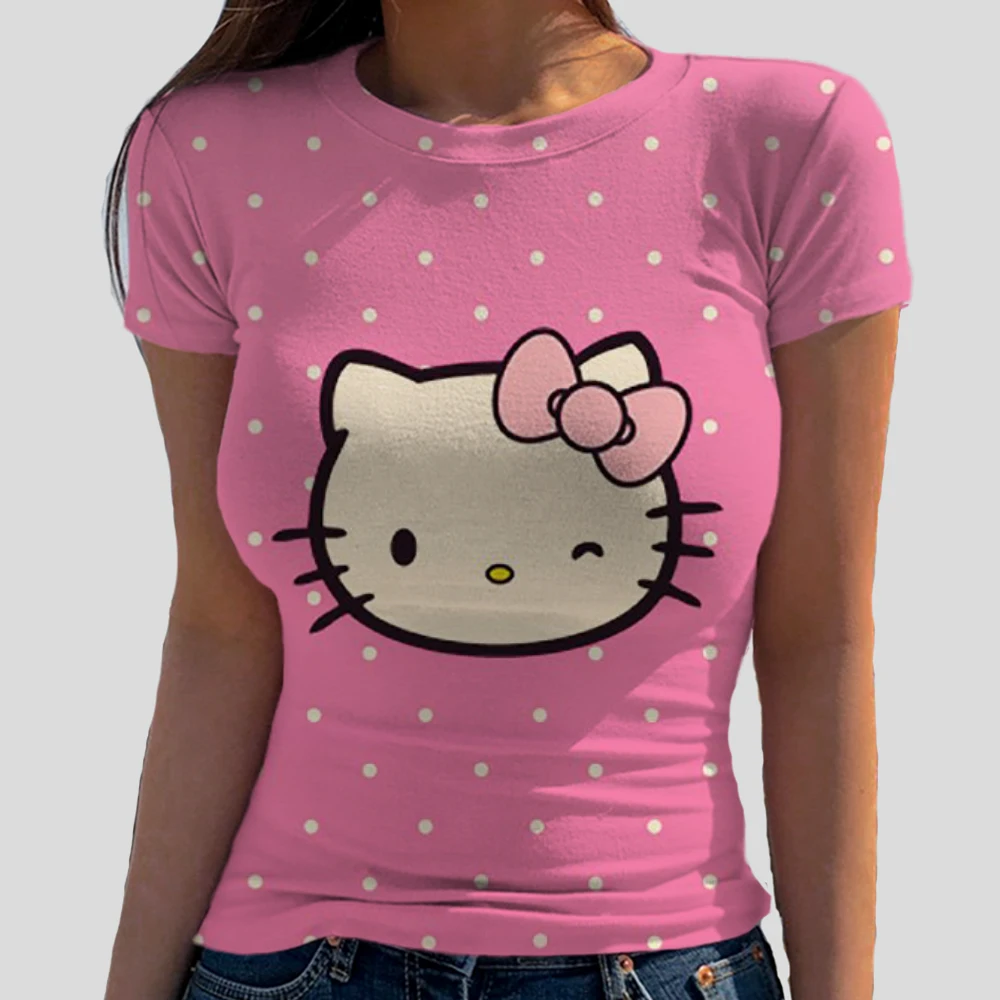 

Basic Short Sleeve Women's T-shirt Hello Kitty print Top T-shirt Women's Fashion Korean T-shirt O-Neck Tight Top ﻿