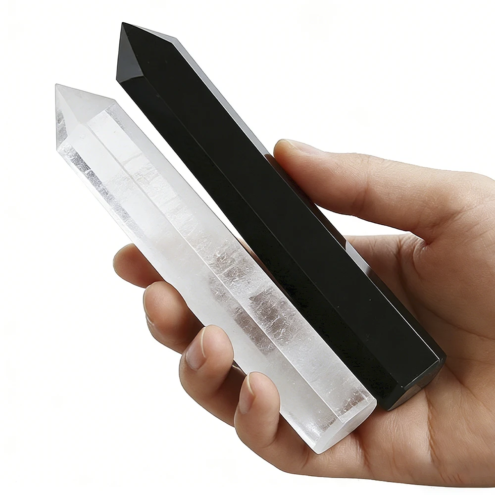 

5.91" Tall Natural Obsidian Single Pointed Hexagonal Prism Crystal Point Wand Home Decor White Smelting crystal Tower 2pcs Set