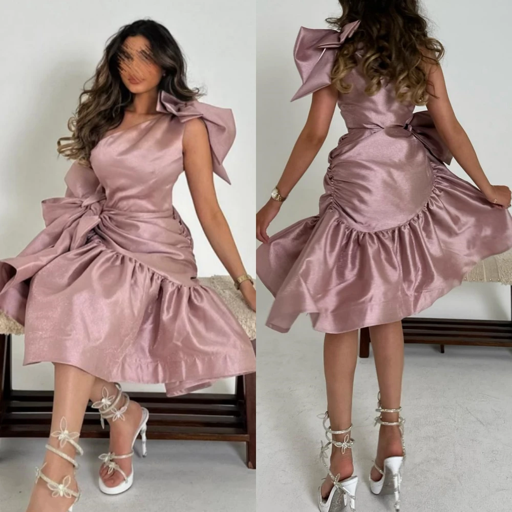 Ball Dress Saudi Arabia Prom Satin Draped Bow Graduation A-line One-shoulder Bespoke Occasion Gown Knee Length Dresses