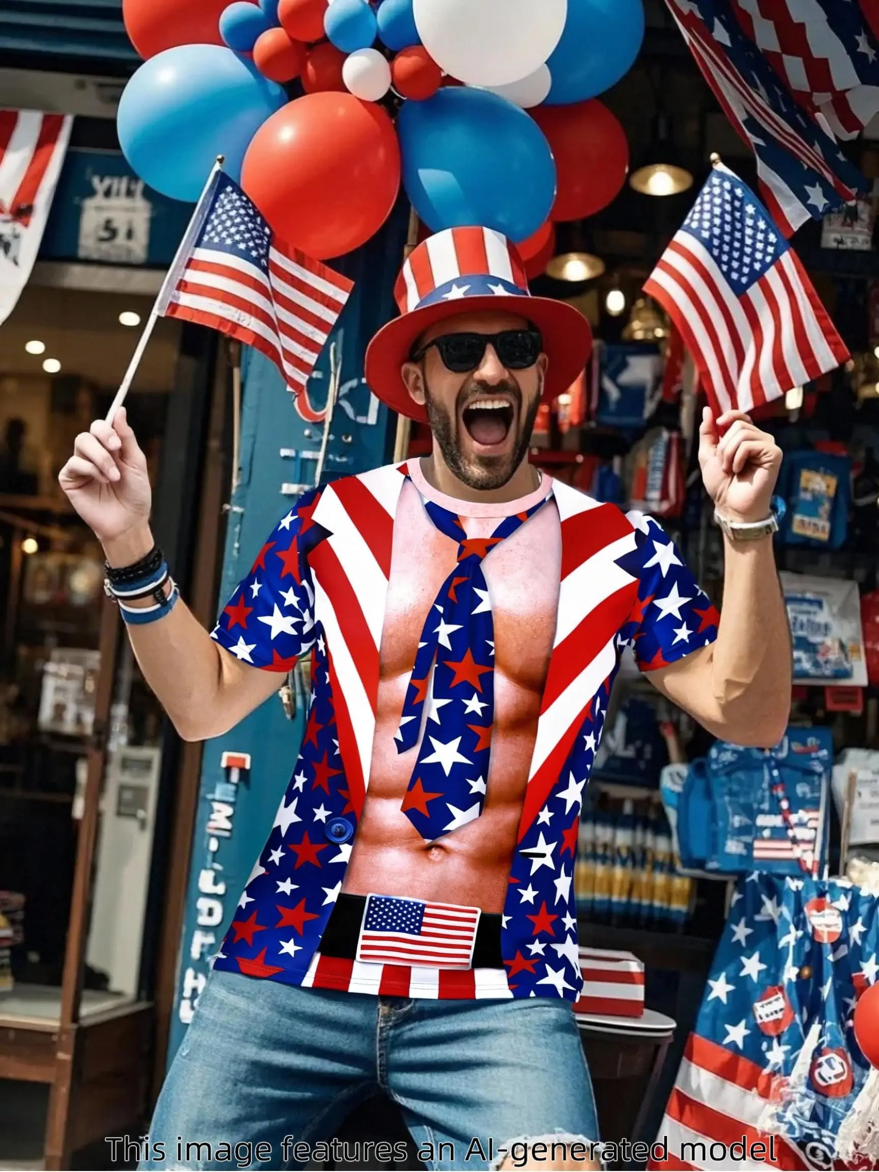 Men's 3D Realistic Muscle Short-Sleeve T-Shirt —Featuring  US Flag (Stars and Stripes) Suit-Tie Print; Ideal Fun Parties Cosplay