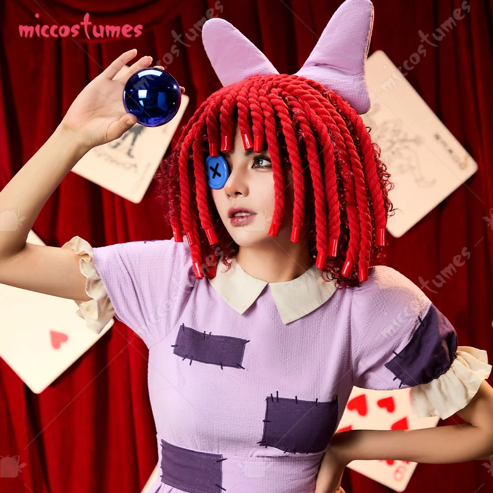【Ready for Ship】Cosplay.fm Women's Cosplay Costume Rag Doll Purple Patchwork Dress with Belt and Braids Hair Accessories view 6
