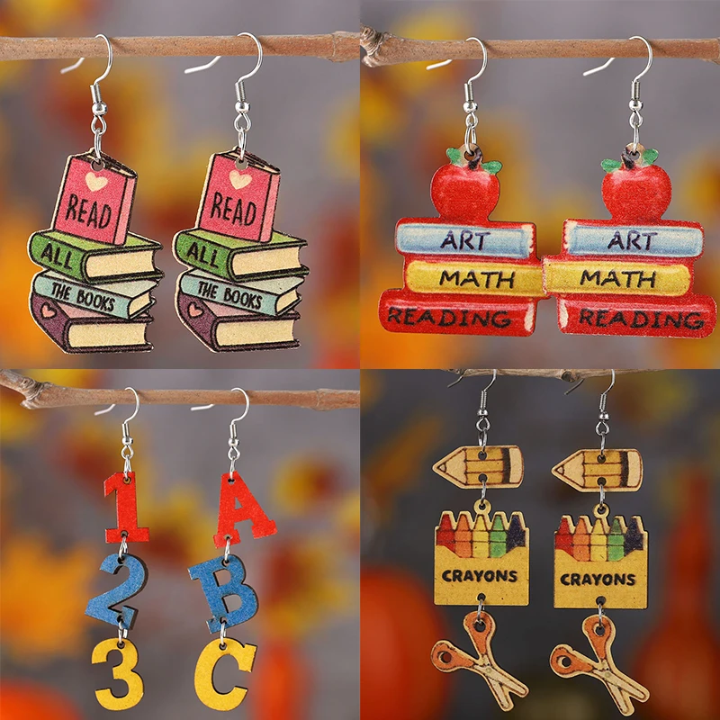 Hot 3D Love Textbook Double Sided Wooden Ear Ring Teacher Student Graduation Gift Book Color Digital Learning Tool Earrings