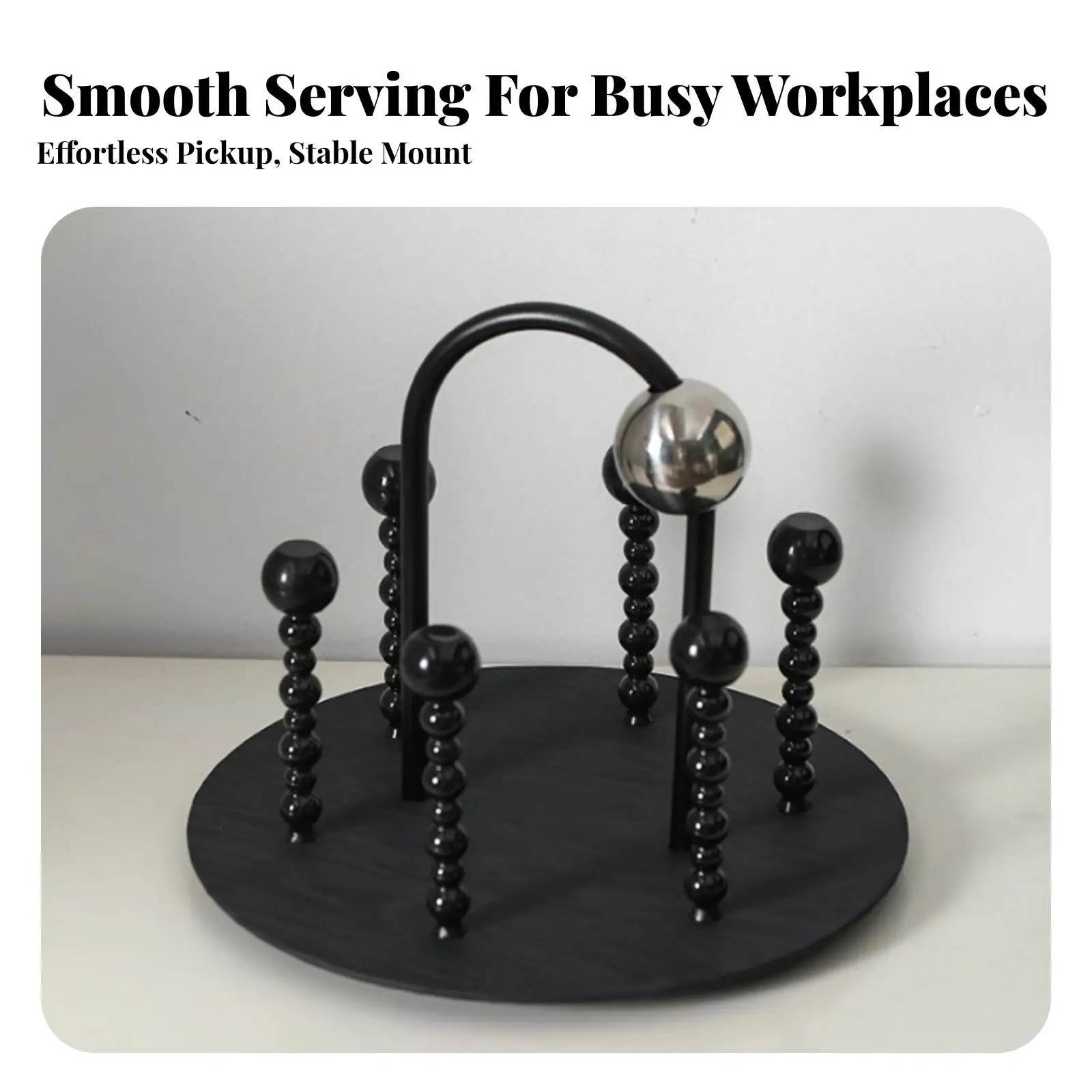 Decorative Cup Holder Rack with Handle Six Vertical Beaded Posts, Modern Table Display Design, Drinkware Holder with Base