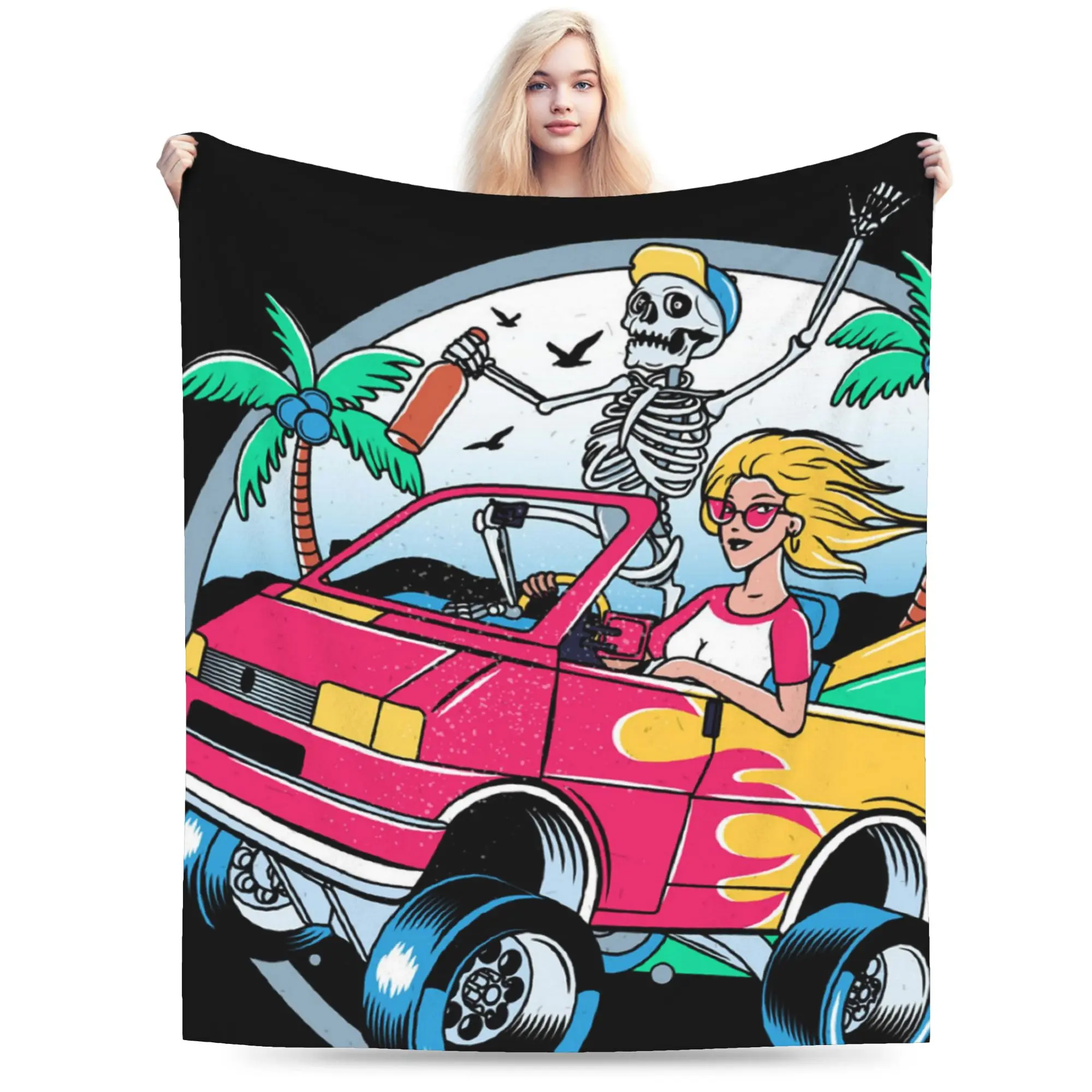 Custom Summer Surf Rider Skull Surfing Blanket Warm Fleece Soft Flannel  Throw Blankets for Bedding Sofa Home Autumn