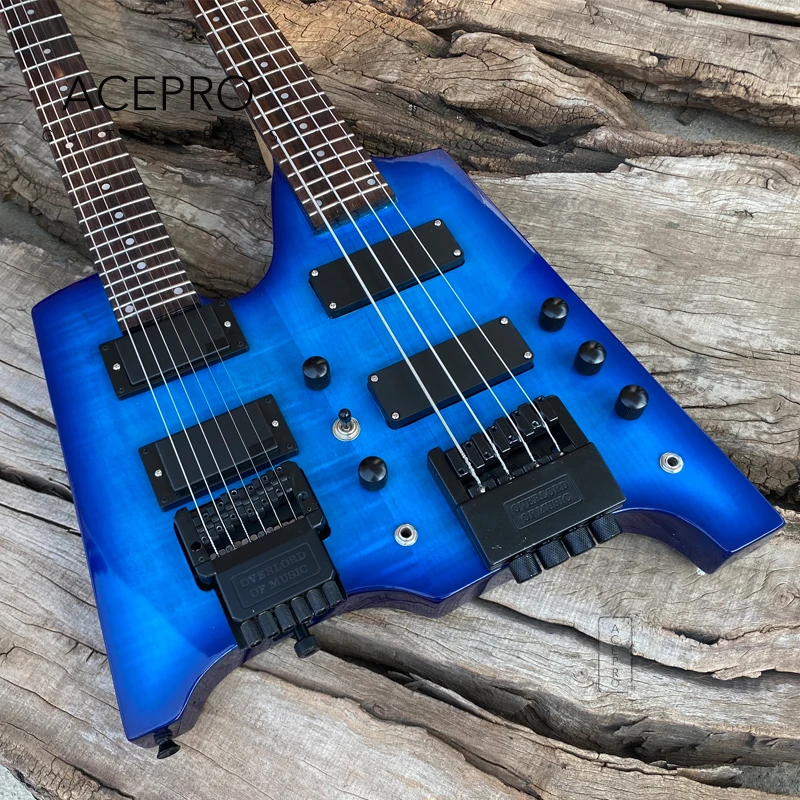 Double Neck Headless Electric Guitar Blue Flame Maple Top, Tremolo Bridge 6 String Guitarra+4 String Bass Combo