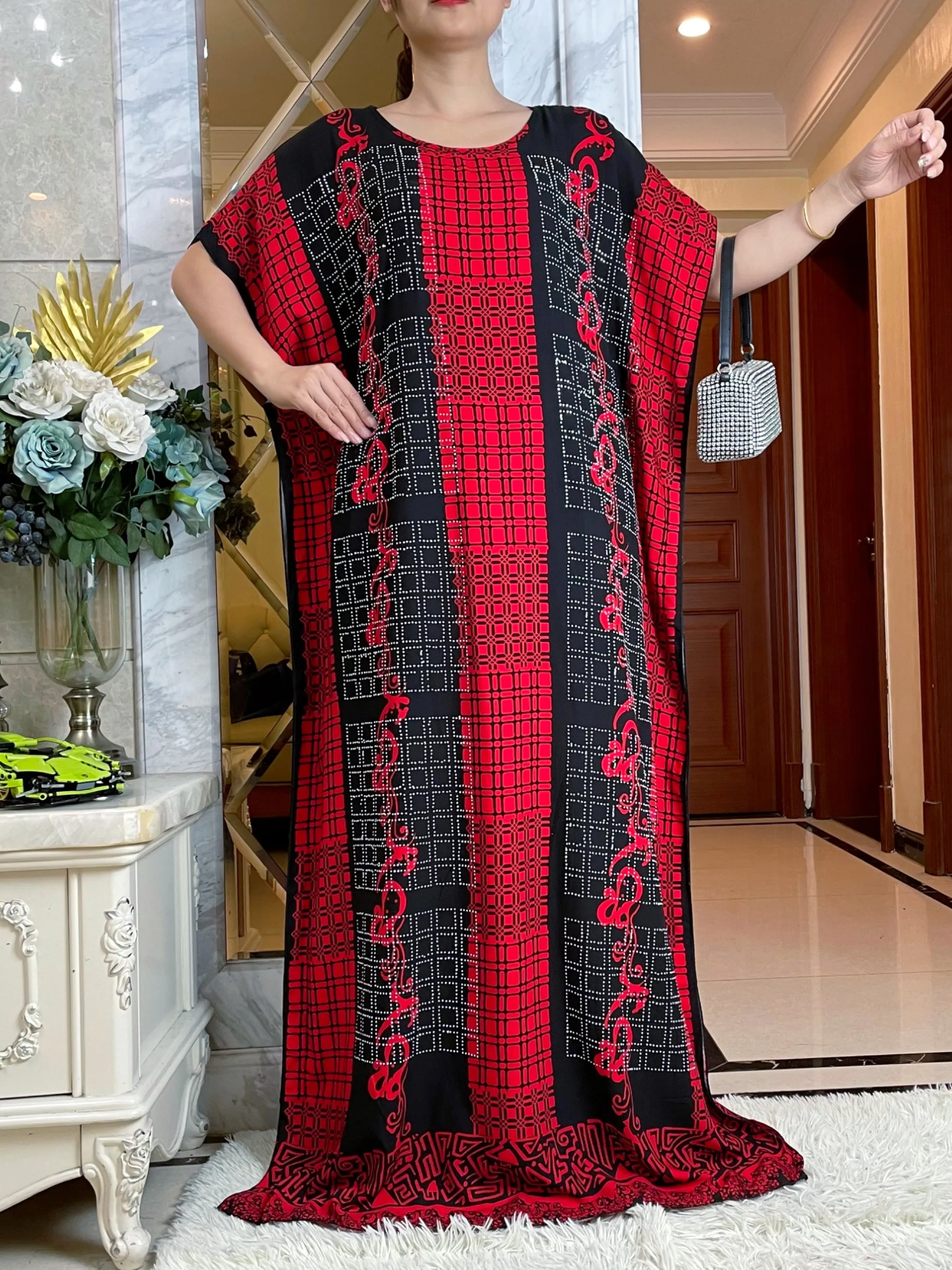 2024 New African Abaya Lady Short Sleeve Dress With Big Lace Scarf Cotton Printing Diamonds Maxi Islam Women Summer Loose Robe