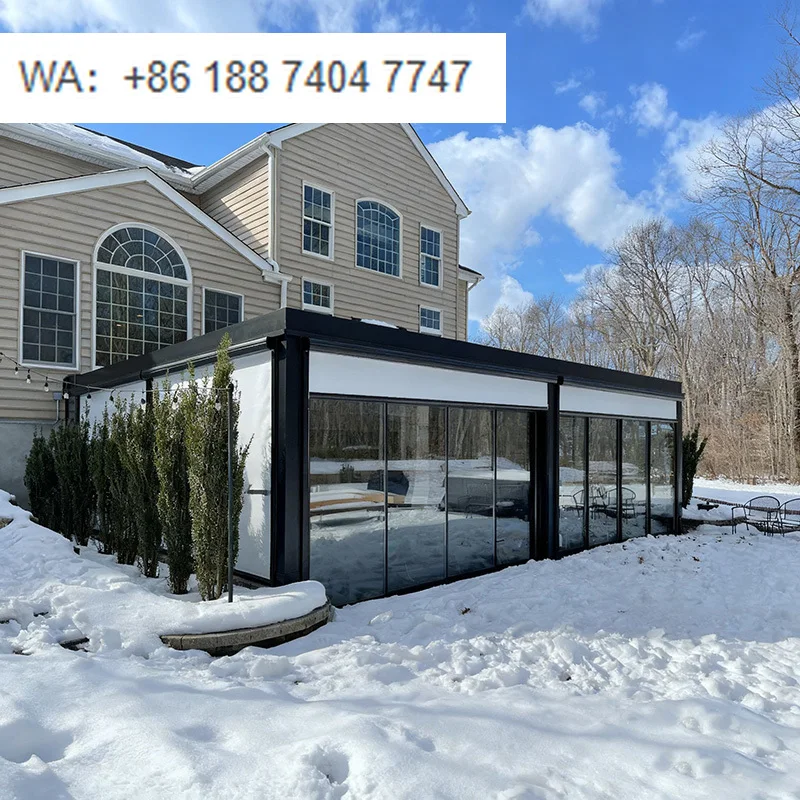 

Панорамная биоклиматическая стеклянная пергола с раздвижными дверями для роскошного ресторана и балкона, всесезонный павильон, устойчивый к снегу