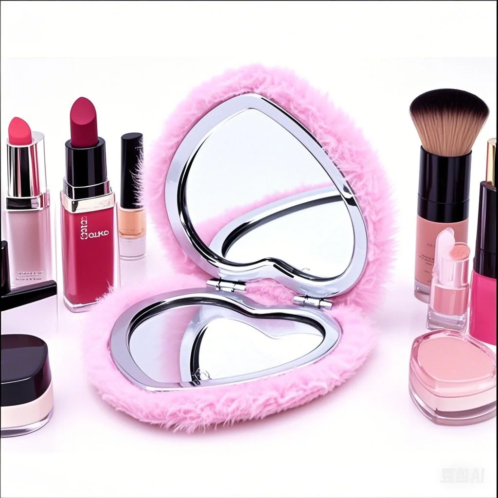 발렌타인데이 선물 접이식 플러시 양면 메이크업 거울 휴대용 우아한 여행용 핸드헬드 화장 거울 컴팩트 포켓