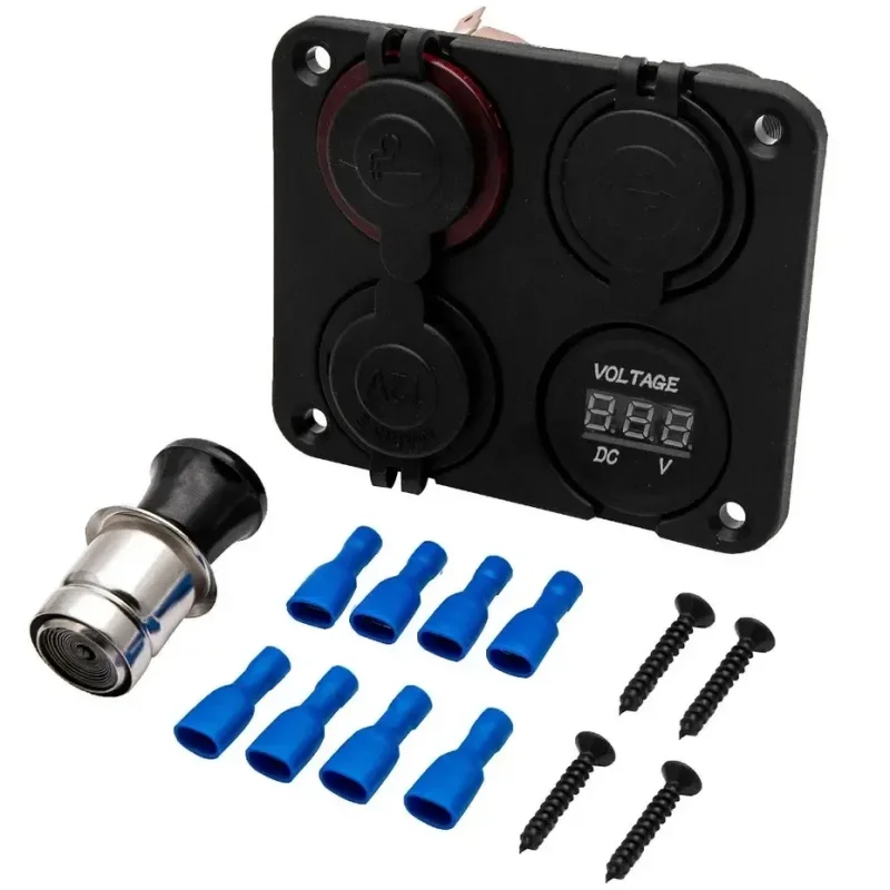 4-in-1 12V-24V car cigarette lighter socket+dual USB charger+power socket+voltage display suitable for ships and cars
