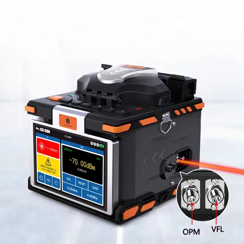 M5 optical fiber fusion splicer with touch screen OPM and VFL available in English, French, Spanish, Portuguese,Russian Italiano