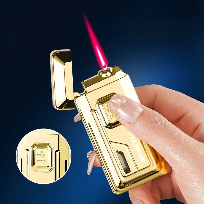 

Creative Dual Flame Stretch Open Fire Butane Gas Lighter Windproof Red Fire Visible Gas Window Silent Ignition Electric Lighters