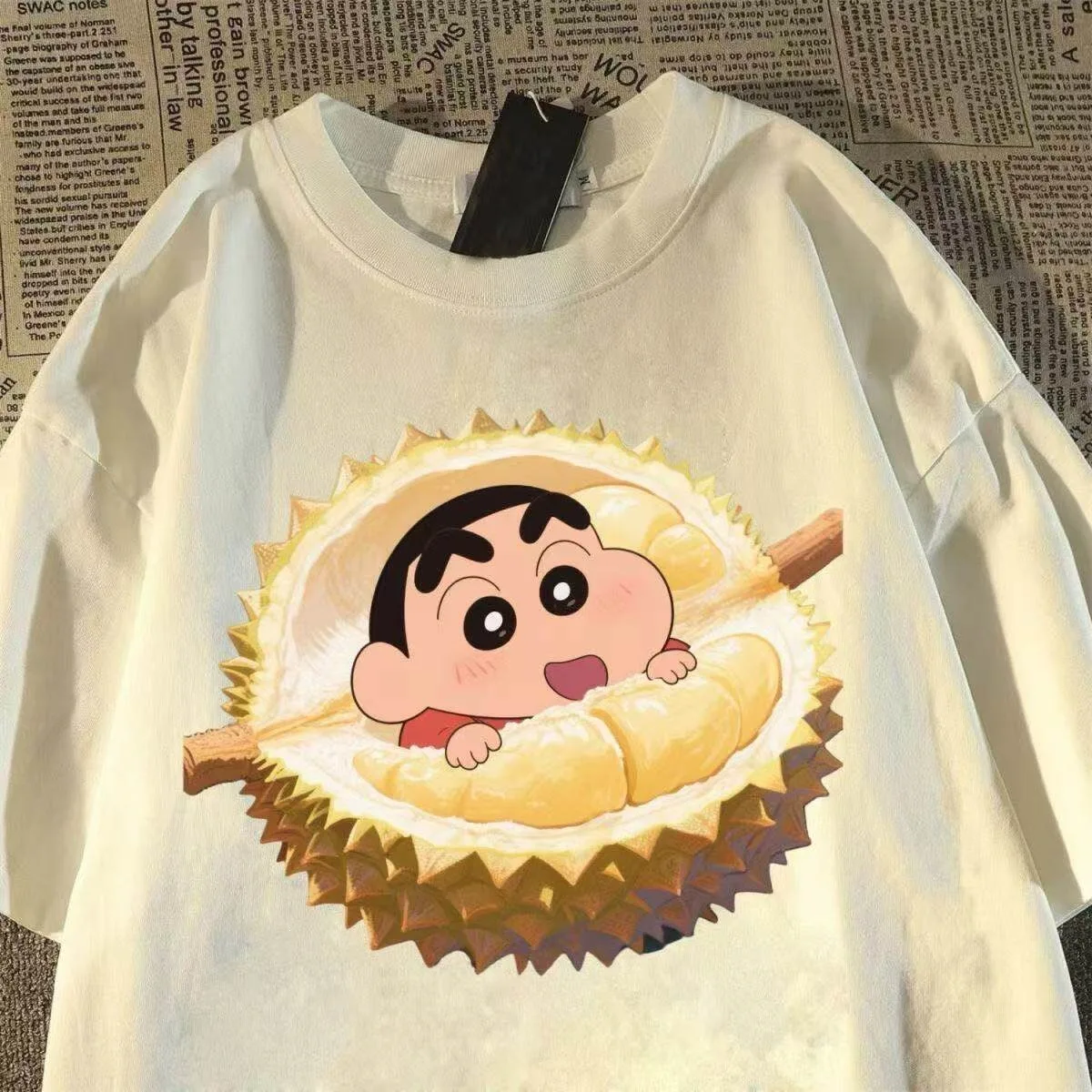 Crayon Shin chan Durian Print T Shirt Summer Short Sleeve O Neck Casual Cotton Tee Unisex Kawaii Cartoon Graphic Top Streetwear