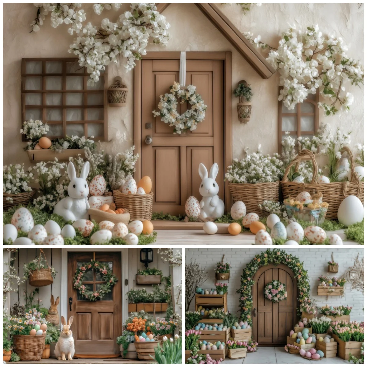 Easter Cottage Background For Photographs White Wreath Bunny Egg Decor For Easter Party Spring Theme Photo Studio Backdrop Decor