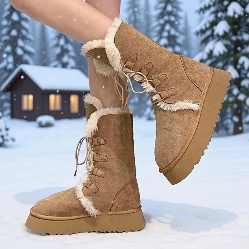 

2025 зимние новые женские зимние ботинки на толстой подошве с теплым бархатом, модные повседневные хлопковые ботинки средней длины для двух видов одежды