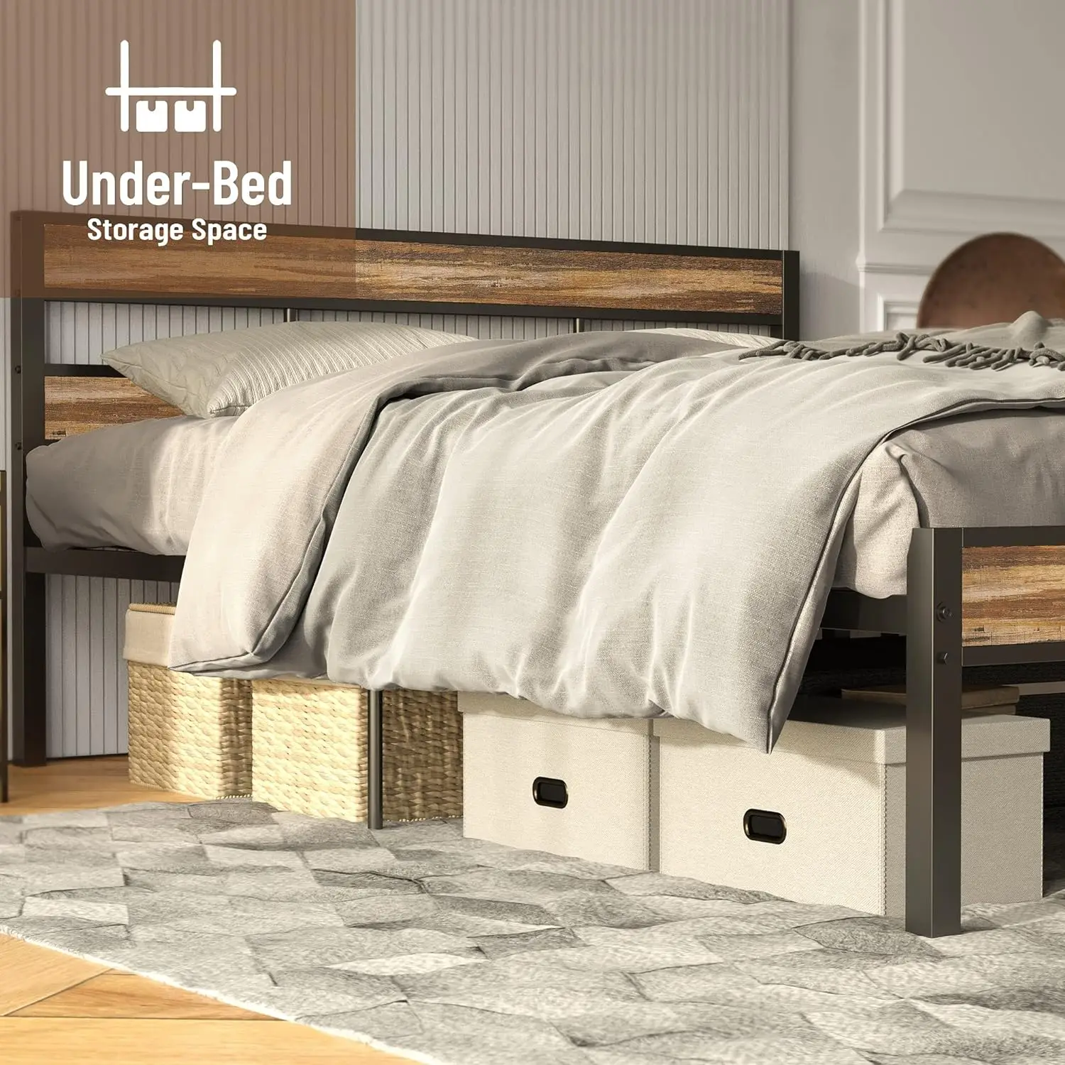 Bed Frame with Headboard, Easy Assembly, Noise-Free, No Box Spring Needed, Heavy Strong Metal Support Frames