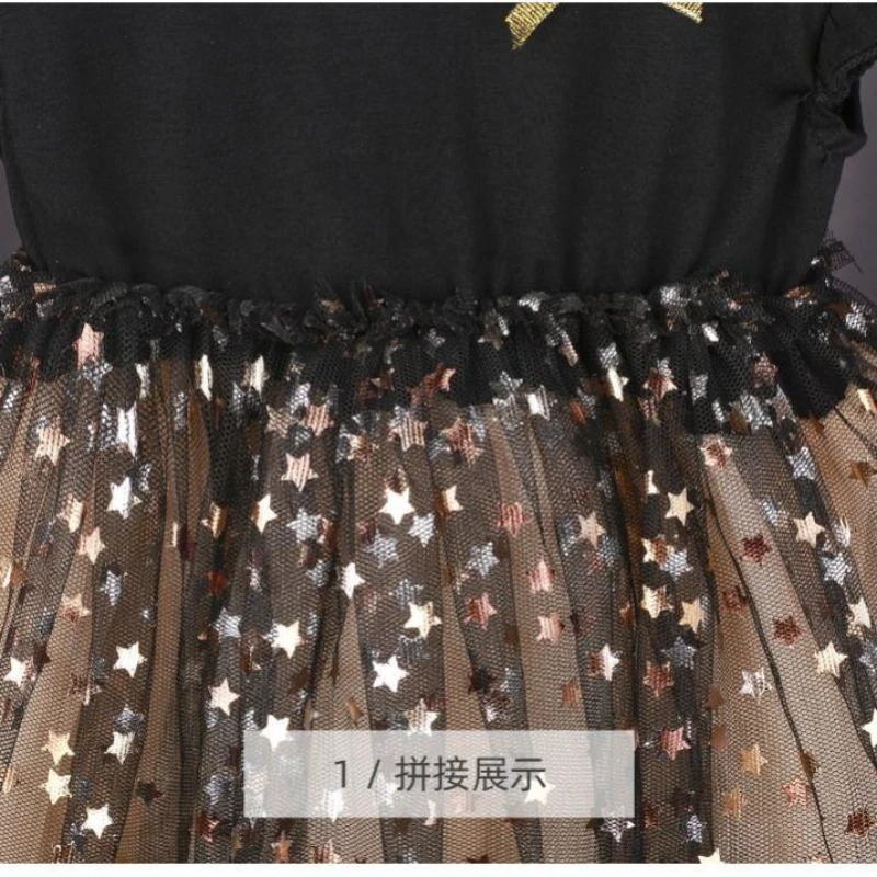 1 to 7 Years 2024 New Baby Black Dress Spring and Summer New Korean Girl Cotton Tutu Skirt Star Net Gauze Princess Dress