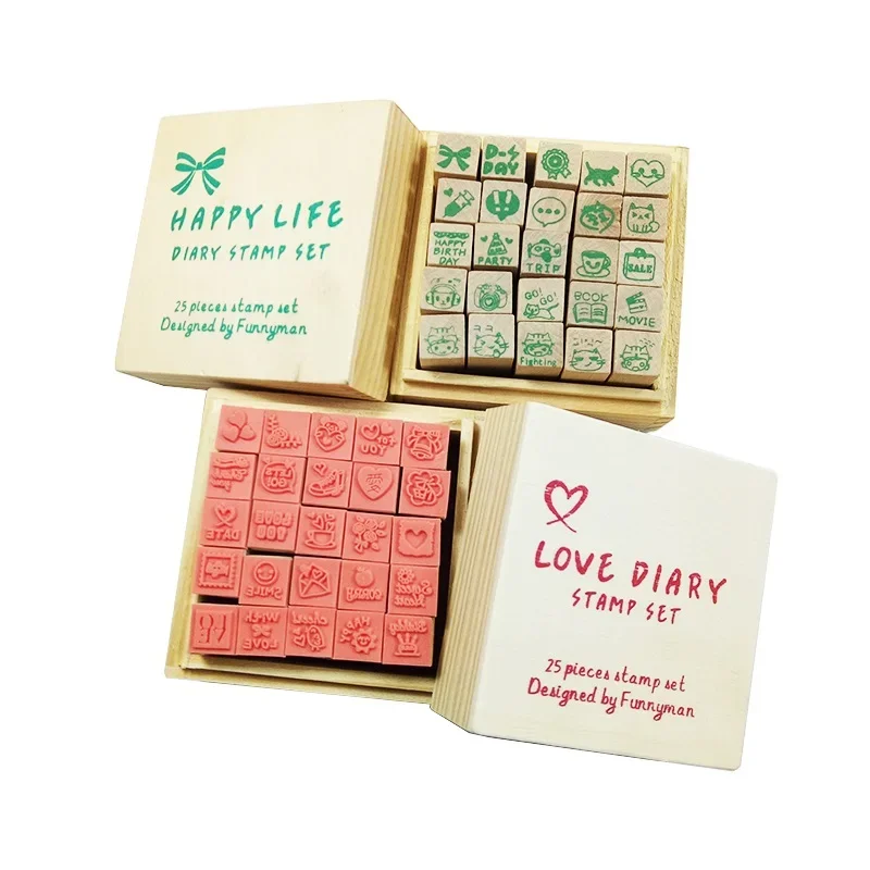 25pcs/set Diary Pattern Wooden Box Stamp Rubber Lovely Cute DIY Writing Scrapbooking Stamp Gift Clear Stamps For Scrapbooking