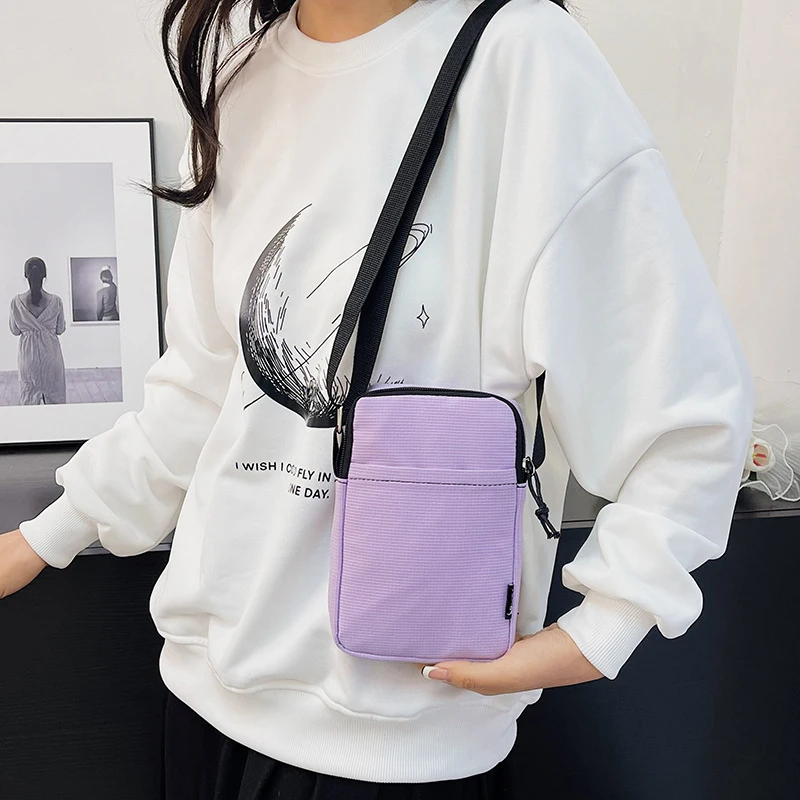 Simple Solid Color Crossbody Bag Casual and Fashionable Women'S Coin Purse Portable Canvas Shoulder Mobile Phone Bag New