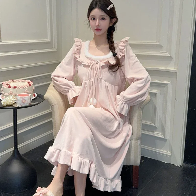 

Милая ночная рубашка в стиле принцессы, осень-зима 2024, новое домашнее платье, женская фланелевая длинная ночная рубашка, плотная теплая одежда для сна, домашняя одежда