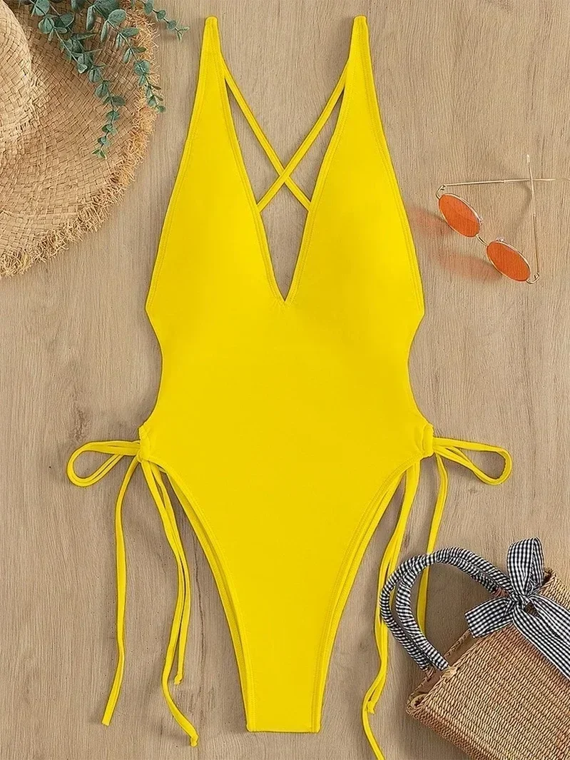 European and American solid color lace up V-neck bikini women 2025 new high waisted beach hot spring one-piece swimsuit