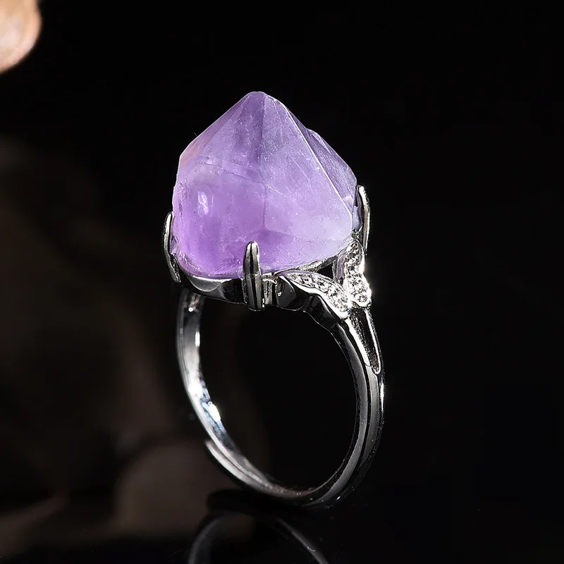 Natural Amethyst Hand-carved Raw Ore Ring Fashion Boutique Jewelry Men and Women Crystal Ring Opening Adjustable Gift Accessorie