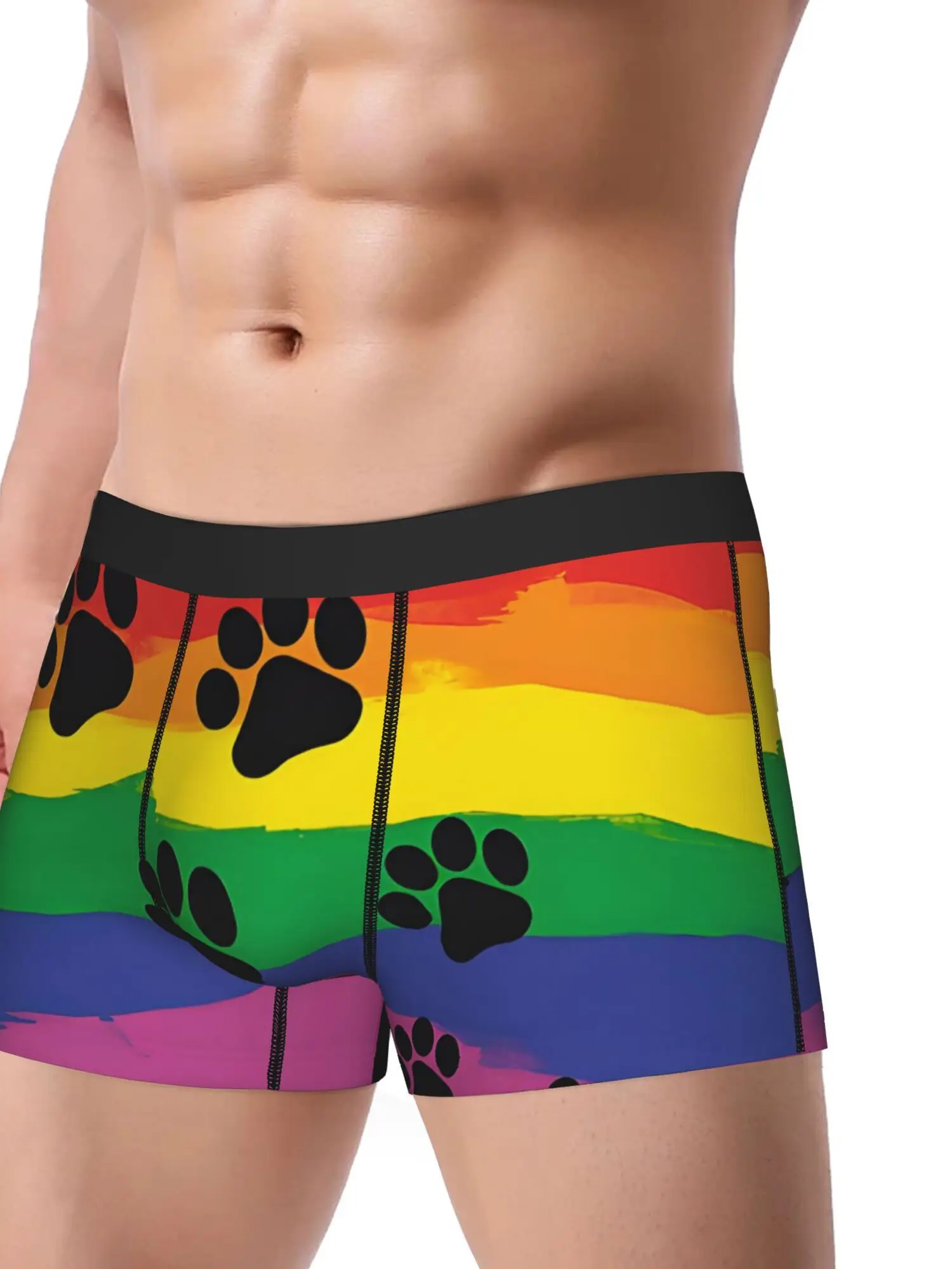 BIIHUDU Men's Rainbow Paw Print Underwear - Colorful Gradient Design, Mid-Stretch Comfort, Non-Transparent Fabric for Casual & A