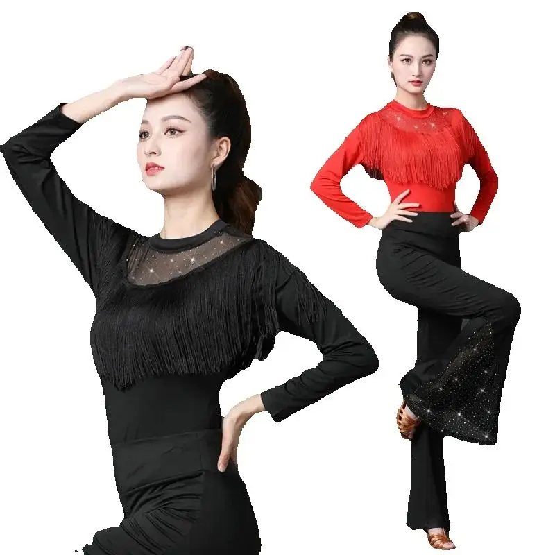

Одежда для танцев, новый топ с длинными рукавами, 2025 год, одежда для латинских танцев, одежда для матросских танцев с бахромой, женское бальное платье для практики