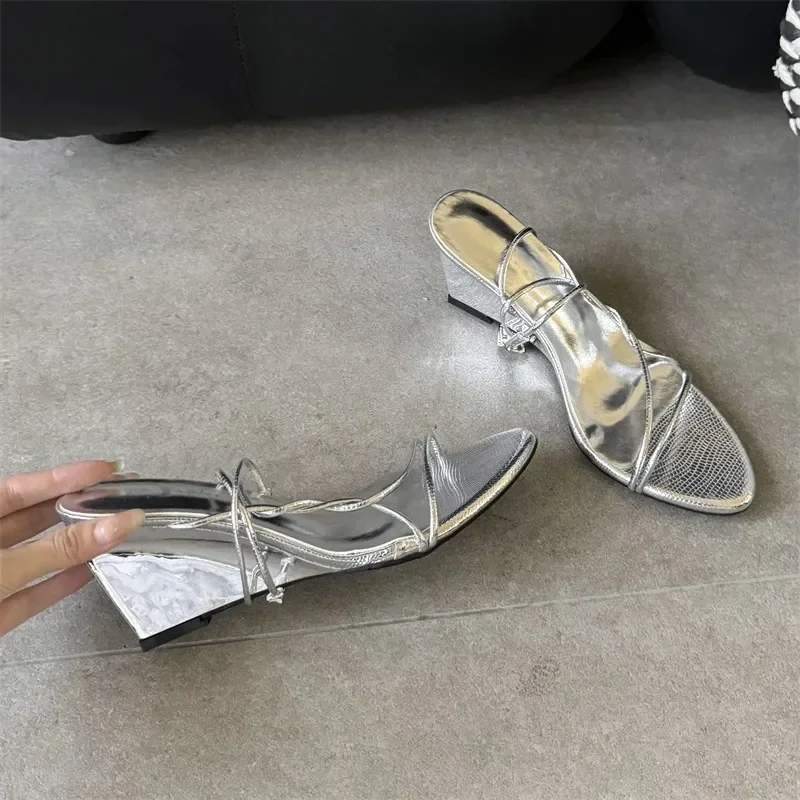 

Aneikeh Fashion Narrow Band Women Gold Wedge Sandals Print Open Toe Ankle Strap Heeled Sandals Elegant Party Wedding Summer Shoe