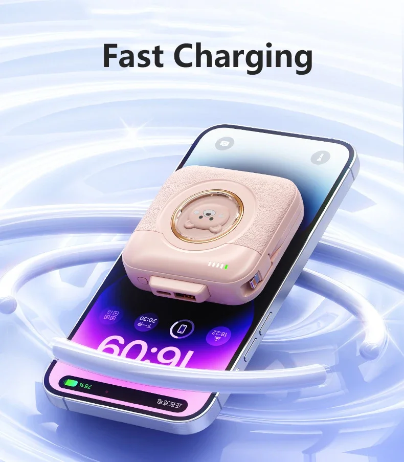 بطارية احتياطية صغيرة PD20W سريعة الشحن بقدرة 20000 مللي أمبير في الساعة مدمجة في كابل لهاتف آيفون 16 وهواوي وشاومي باور بانك شاحن محمول