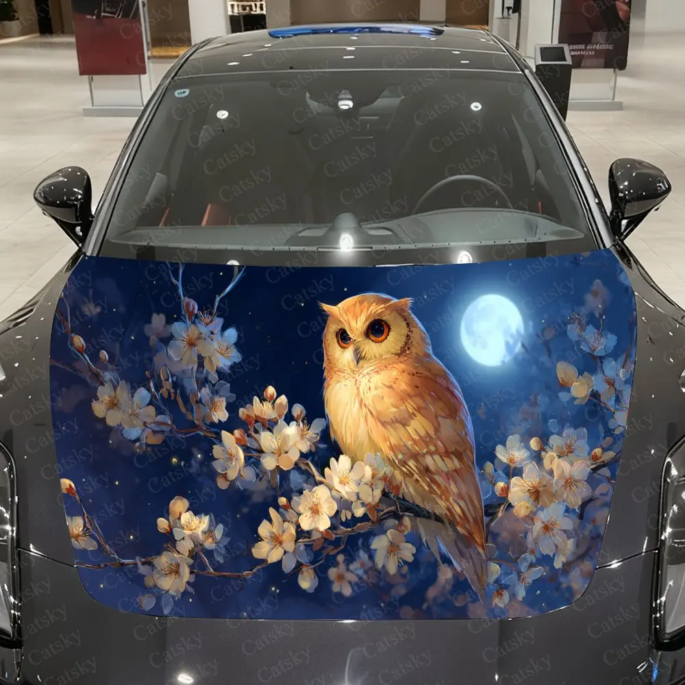 Cherry Branch Spirit Owl Car Vinyl Wrap, PVC Waterproof Car Hood Sticker, Self-Adhesive Scratch-Resistant Stickers