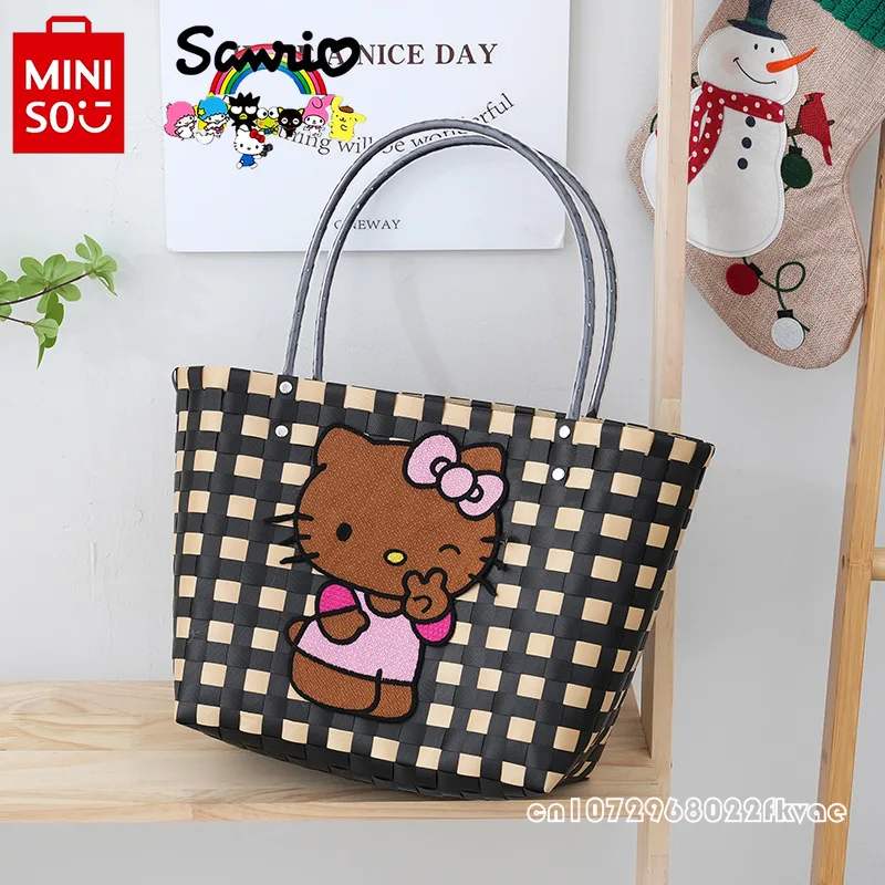 HelloKitty New Women\'s Woven Bag Fashionable High Quality PVC Women\'s Handbag Cartoon Large Capacity Multi Functional Beach Bag