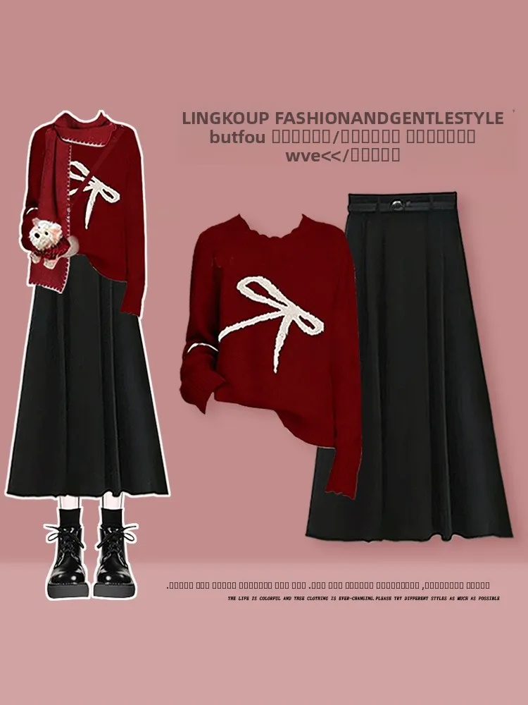 

Повседневный красный вязаный комплект: свитер и юбка с завышенной талией, комплект из двух предметов для женщин, юбка миди с утягивающим эффектом и узлом, осенний...